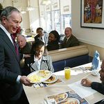 Back in 2004, before his food-related health crusades (he was just about banning smoking from bars), Bloomberg ventured into the Harlem IHOP when it opened.  He even served pancakes.